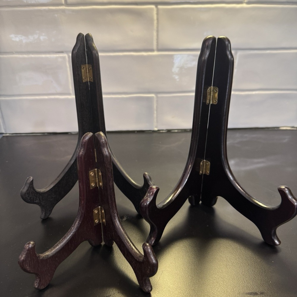 Three Hinged Easel Plate Holders Wooden Folding 8‎ in & 5 in